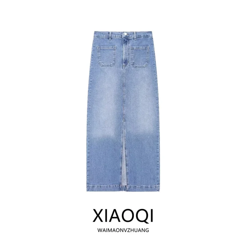 

Spring 2024 Women's Mid-Length Denim Skirt with Patchwork kets Straight Cut High Waist Versatile Faion Spring Collection