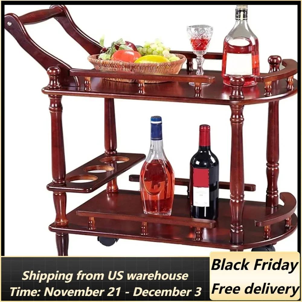 Serving Cart Kitchen Trolley Island Cart, 2 Tier Solid Wood Rolling Storage Island Cart w/Wheels Handle Bottle Holder Guard Rail