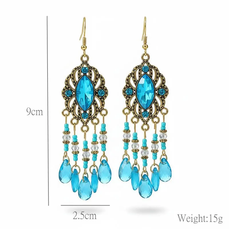 New Bohemian Ethnic Colorful Water Drop Tassel Earrings for Women Long Hollow Antique Gold Color Dangle Earring Pendientes Mujer