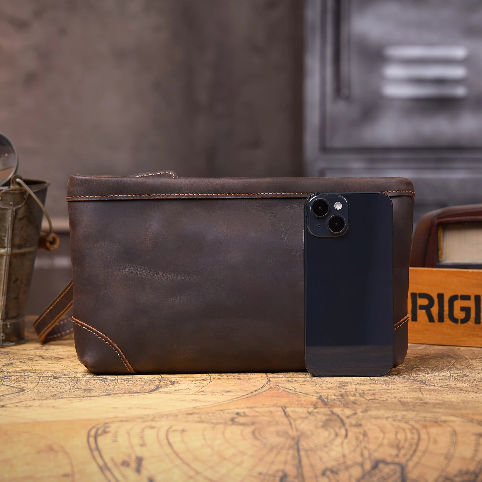 S.WORKER Vintage Echtleder Herren-Clutch-Tasche Lange Geldbörse für Männer Erstschicht-Leder-Portemonnaie Retro-Kartenhalter Handyhalter – Detail 10