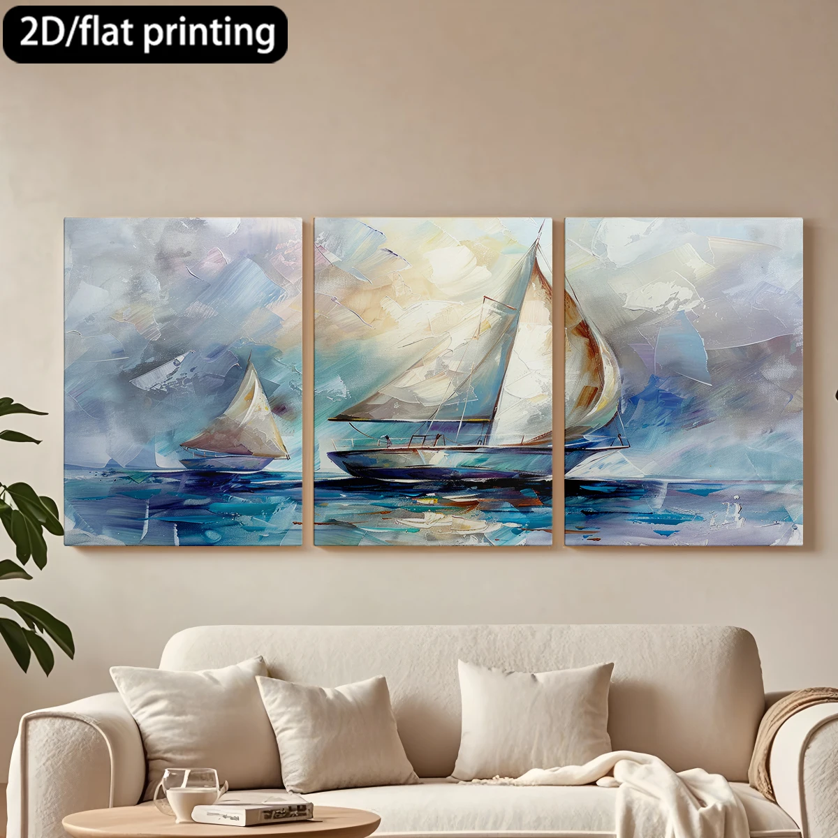 

Набор из 3 картин на холсте в деревянной раме: две парусные лодки, море, мечтательное небо. Декор для коридора и спальни.