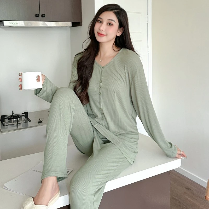 Spring and Autumn Women's Solid Color Cardigan Ribbed Cotton Pajamas Loose Long-sleeved Trousers Plus Size 2XL Pajamas Home Wear