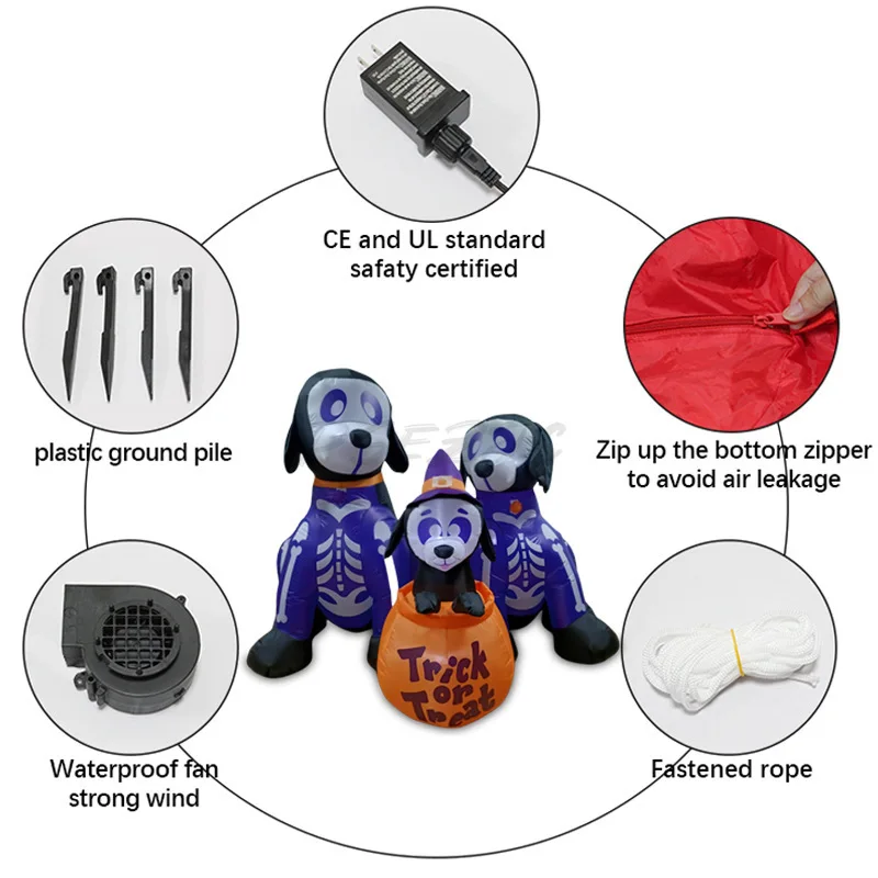 1.8m Halloween Skeleton Three Puppies Luminous Pumpkin Bucket Inflatable Model Courtyard Decoration