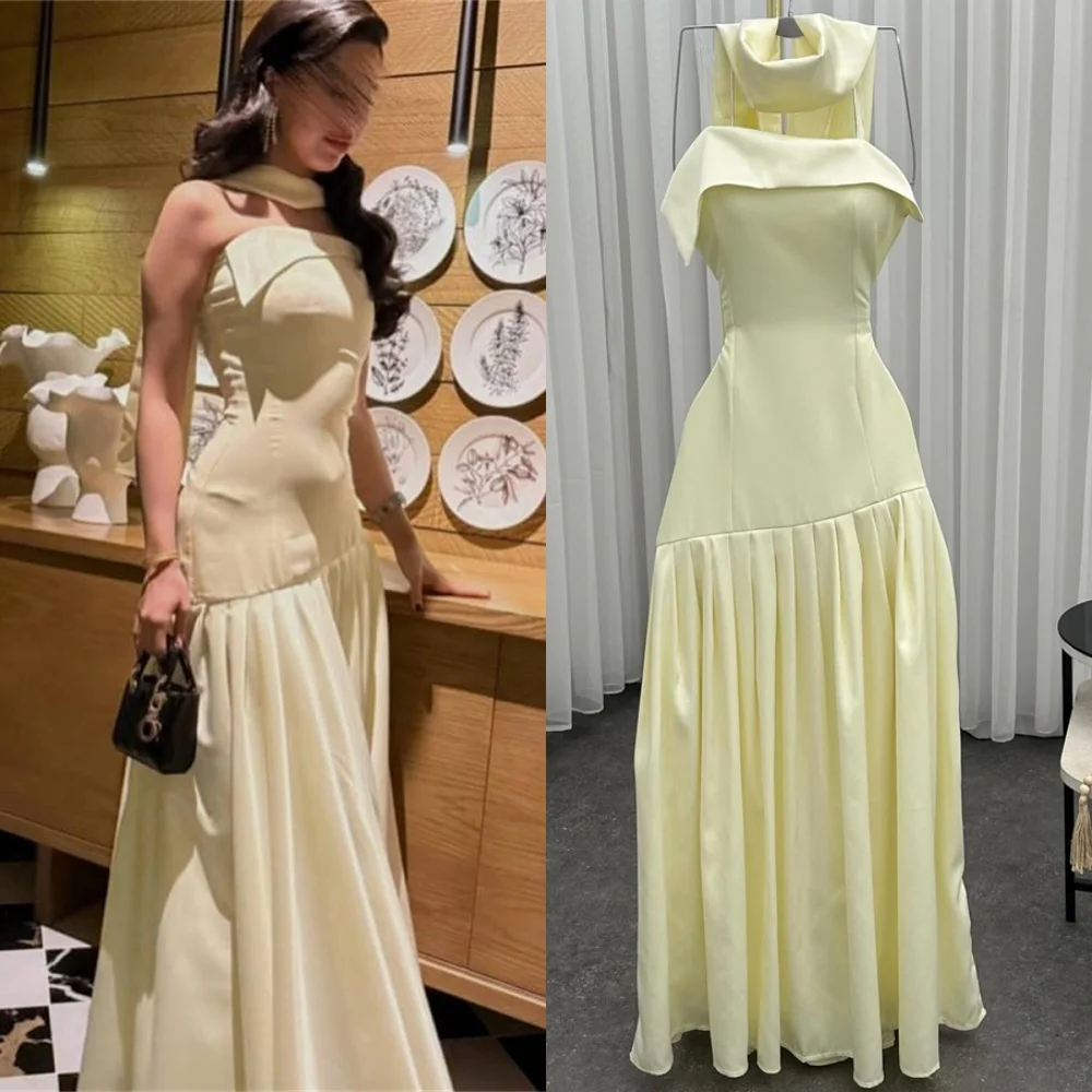 

Customized High Quality Light Yellow Jersey Evening Dress Temperament Strapless Sleeveless Ribbon Special Occasion Gowns