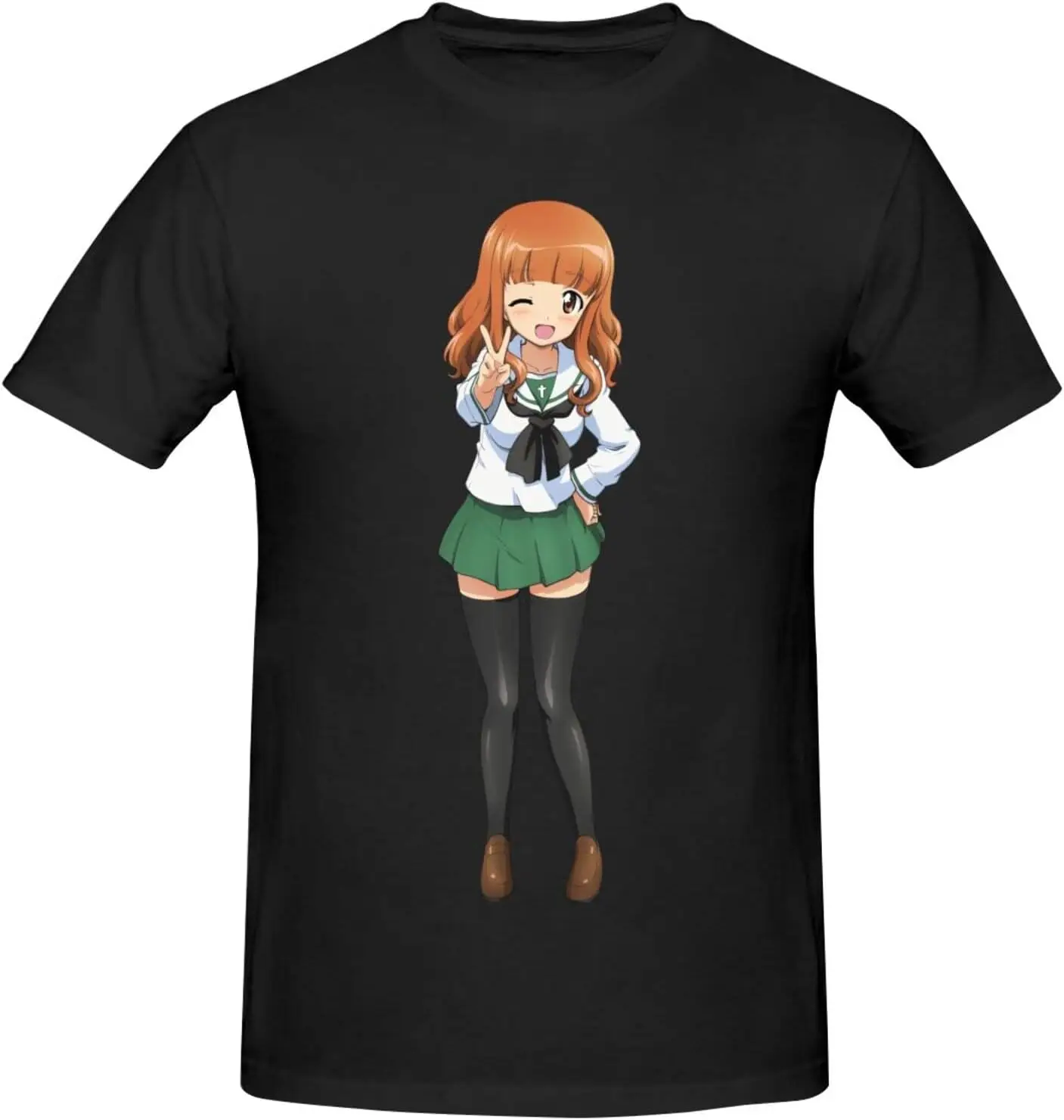 Girls und Panzer Men's Short Sleeve Graphic T-Shirts Casual Novelty Cotton Crewneck Tees Black