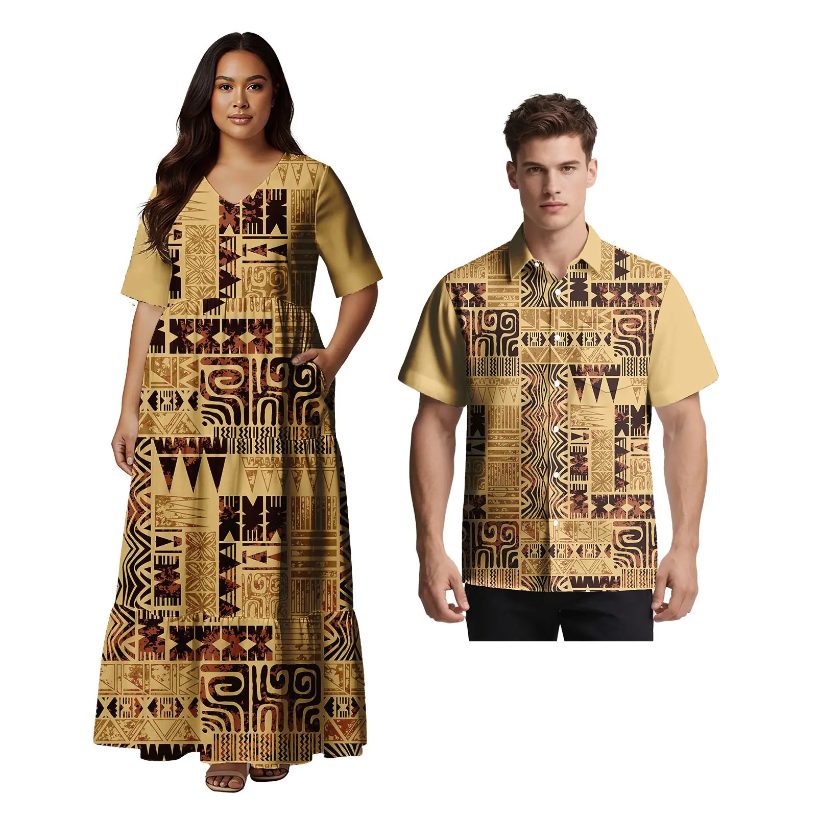 

Повседневная одежда с индивидуальным узором Самоан, женское платье с v-образным вырезом, мужская гавайская футболка Aloha, высококлассные полинезийские комплекты пар