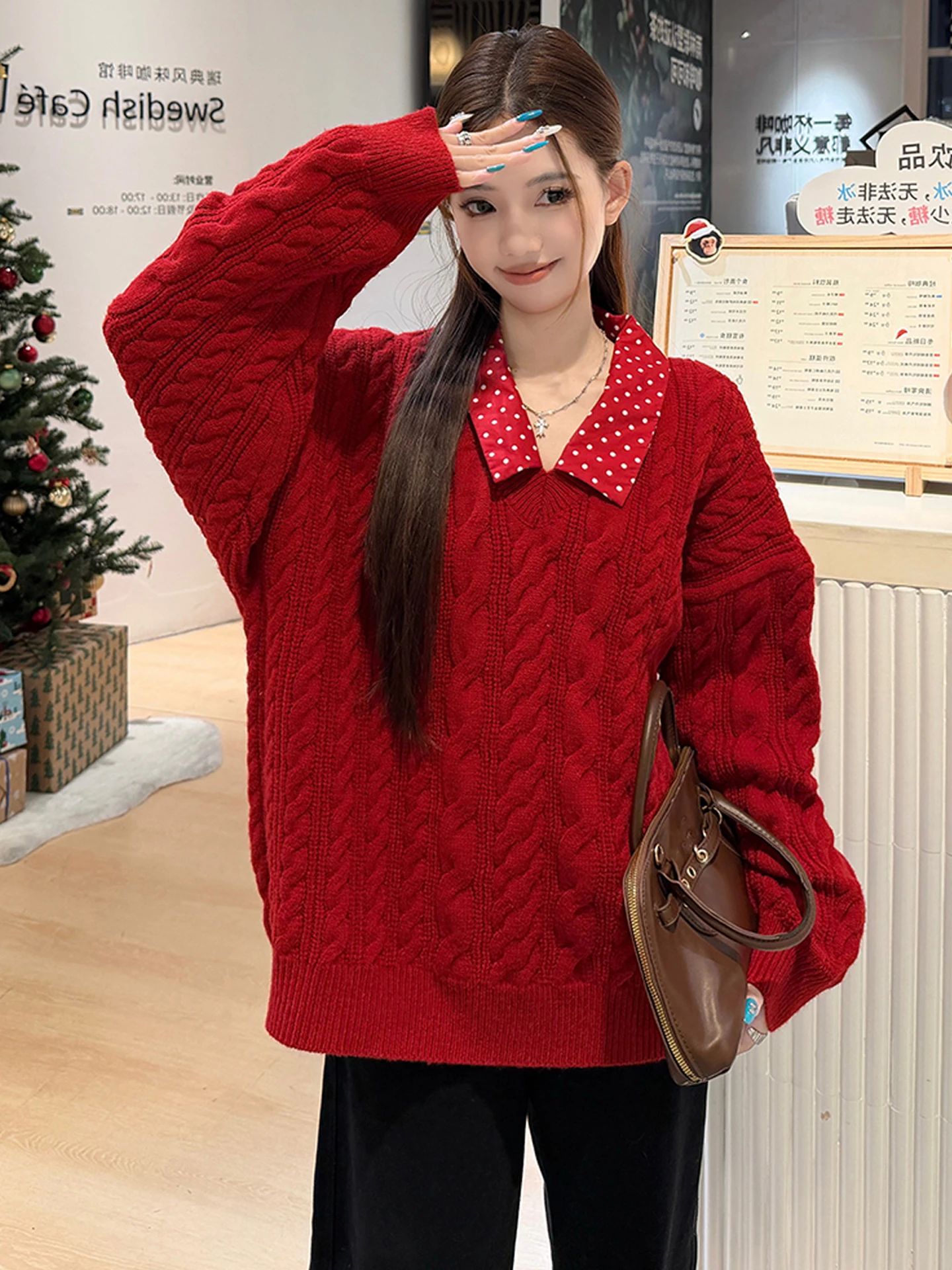 

Женский вязаный свитер больших размеров, красный, свободного кроя, в корейском стиле, для повседневной носки, зимний, утепленный, с длинными рукавами, новинка к Новому году