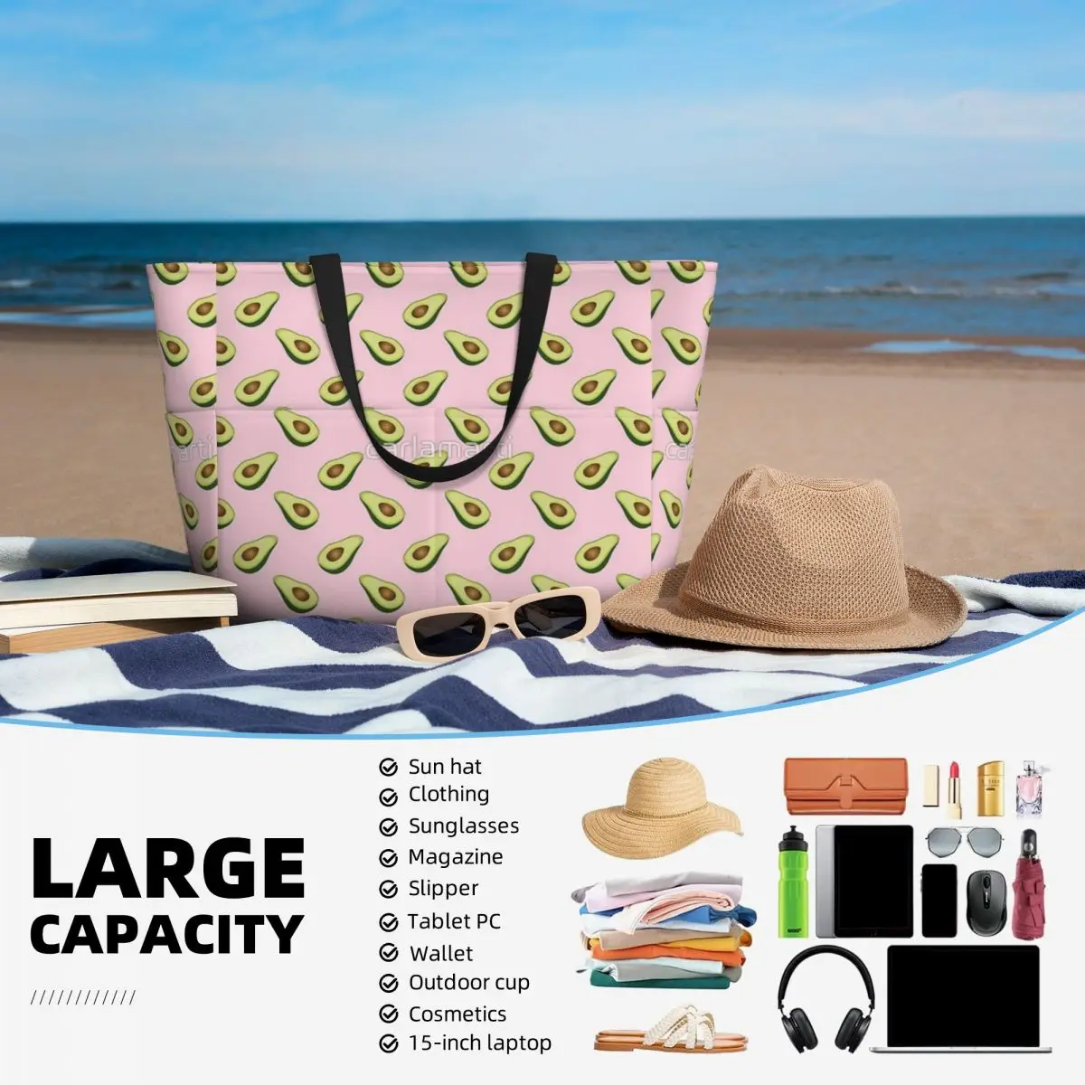 Borsa da viaggio da spiaggia Avocado, borsa a tracolla sportiva retrò di grande capacità con motivo Multi-stile