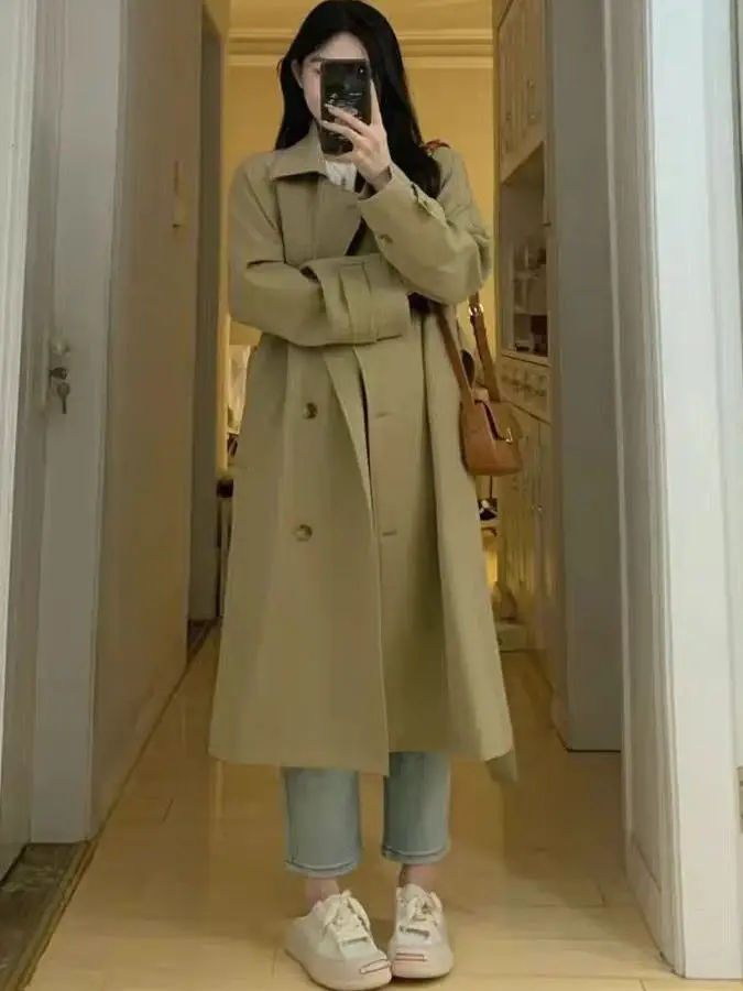 

Женское длинное пальто больших размеров цвета хаки, повседневное, на пуговицах, А-силуэт, для фигуры типа «груша»