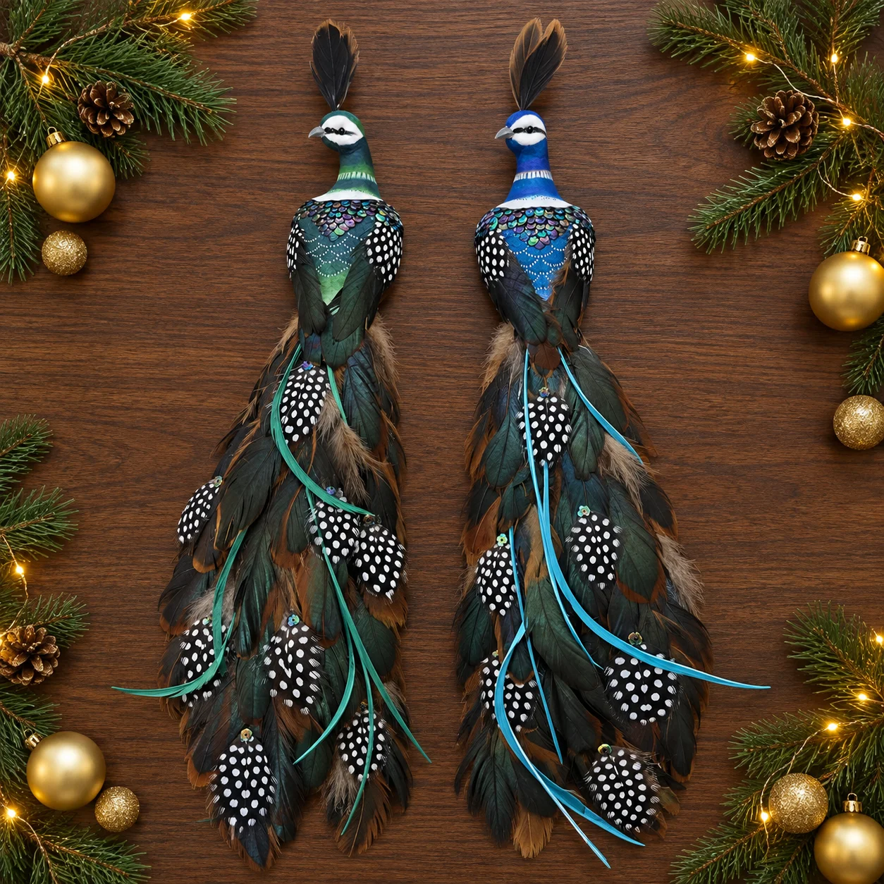 2PCS Feather Peacock Ornaments, Blue and Green Decorative Birds, 15.75 Inch Large Peacock Decorations for Christmas Home Decor