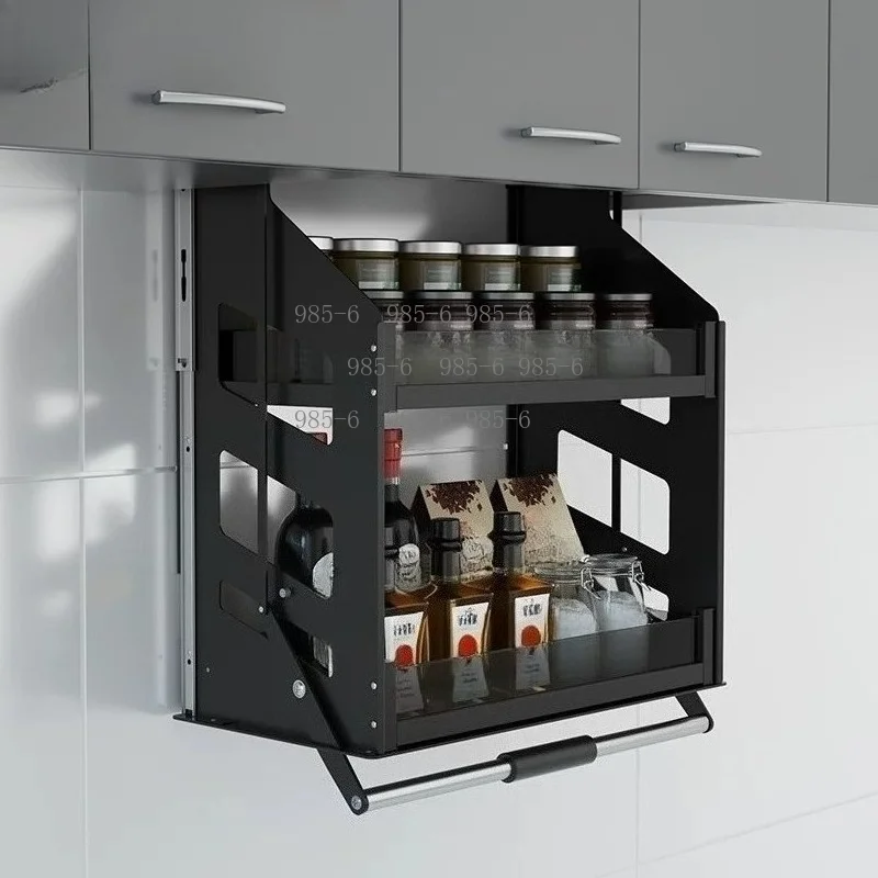 Pull down lifting basket for tall hanging cabinets, up and down vertical design, kitchen seasoning storage pull basket