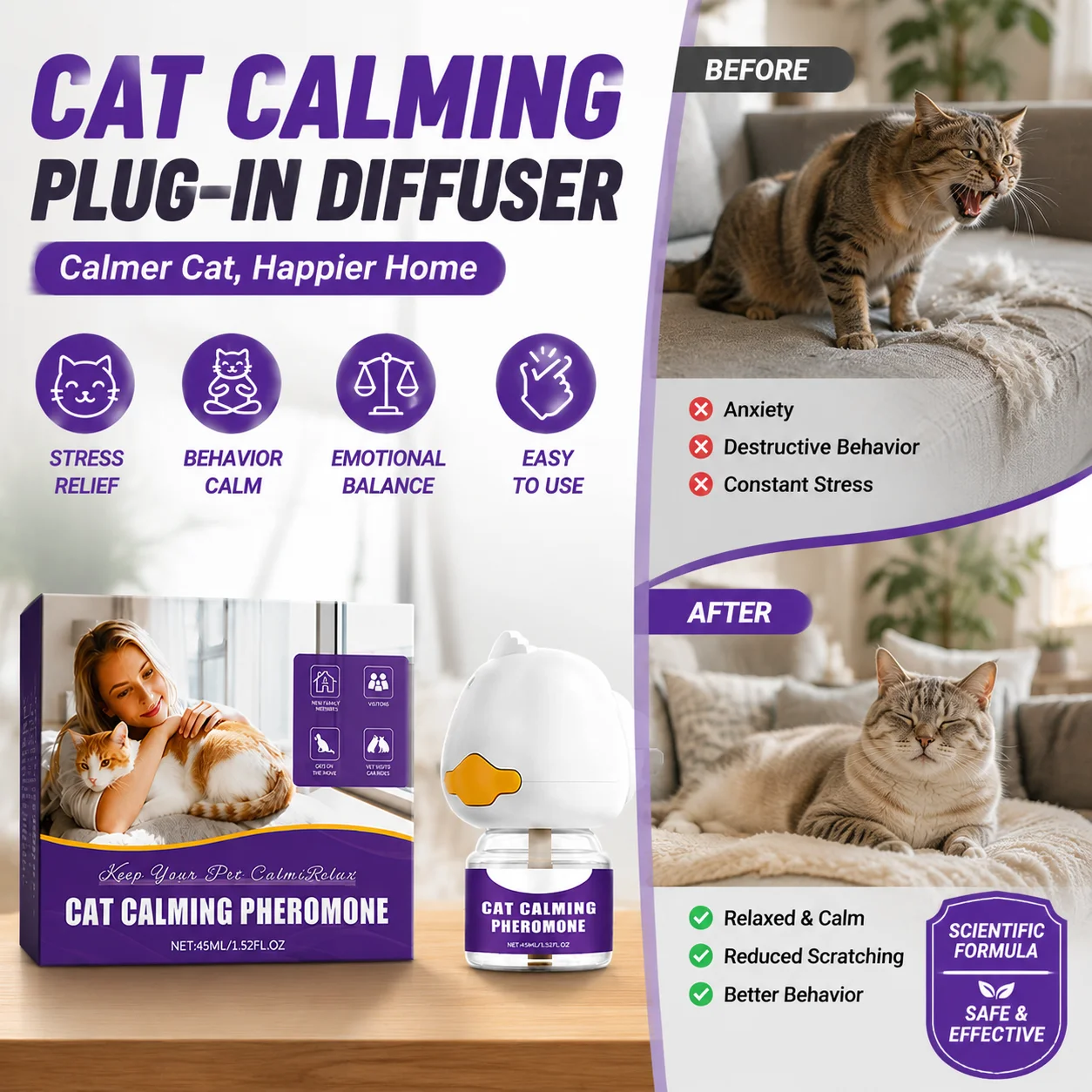 Diffuseur de phéromones apaisantes pour chat, à brancher, réduit le stress, la peur, l'anxiété de séparation, anti-comportement destructeur, fournitures relaxantes pour chat