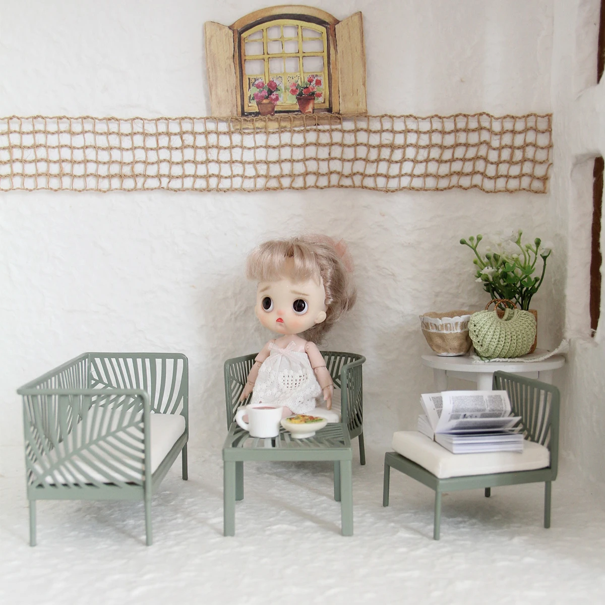미니어처 역할 놀이 장난감 1:12 스케일 녹색 단조 철 테이블과 의자 4피스 세트 BJD Ob11 인형집 가구에 적합