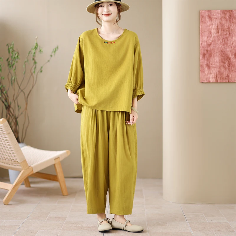 

Summer New Arrival Artistic Cotton Linen Style Two-Piece Set Embroidery Seven-Quarter Sleeve Top Harlan Pants Ensemble