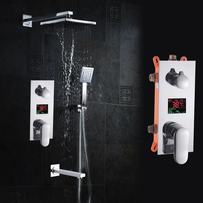 BAKALA Bathroom Shower Set 3 Functions LED Digital Display Shower Mixer Concealed Shower Faucet 10 Inch Rainfall Shower Head