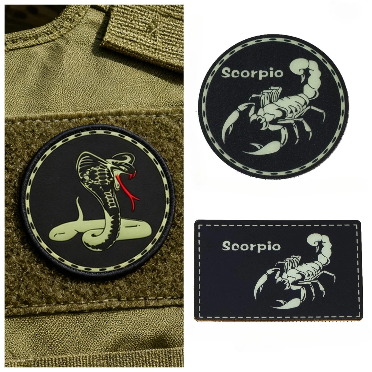 Parche de Escorpio que brilla en la oscuridad, parche reflectante de PVC para combate táctico nocturno, parche de sujeción con gancho, insignia de motociclista, adorno para mochila