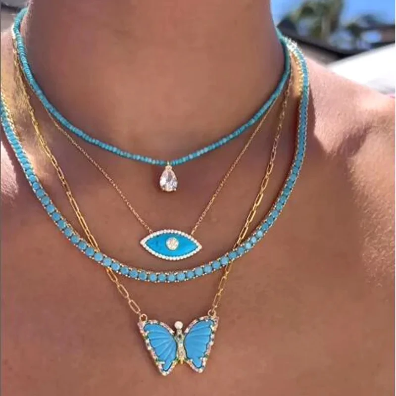 

New Fashion 3mm Turquoises Stone Tennis Chain Necklace Bracelet Set for Women Lady Punk Styles Hip Hop Jewelry Wholesale