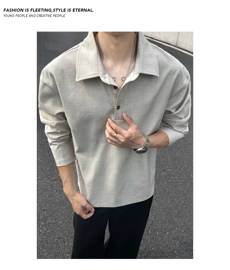 Minimalistisches Streetwear-Langarm-Poloshirt für Herren mit Reverskragen, meliertem Slub-Muster und weichem Material für alltägliche Freizeitaktivitäten. – Detail 16