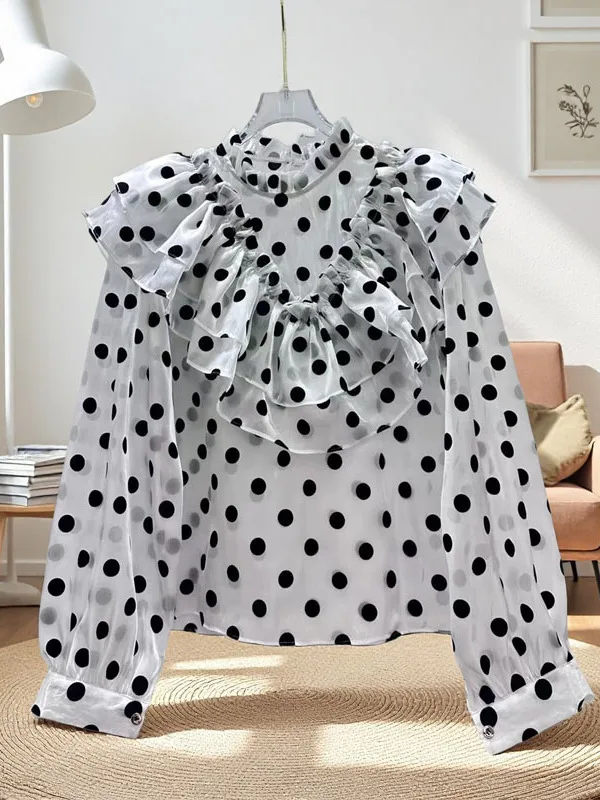 

Ретро-блузка с плиссированным воротником-стойкой и принтом в горошек, женская, свободного кроя, с длинным рукавом, весенняя новинка, корейский стиль, стройнящий топ для офиса