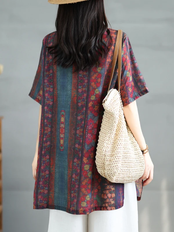 Atasan Wanita Model Longgar Bahan Campuran Linen Katun, Panjang Sedang, Motif Bunga Vintage Musim Panas, Kancing Depan, Model Pear aped Body pe