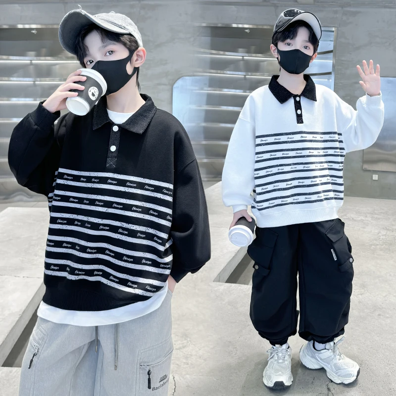 

New Design Kids Polo Sweatshirt for Tween Boy Fashion Casual Striped Turn Down Collar Hoodie Korean Children Autumn Clothing