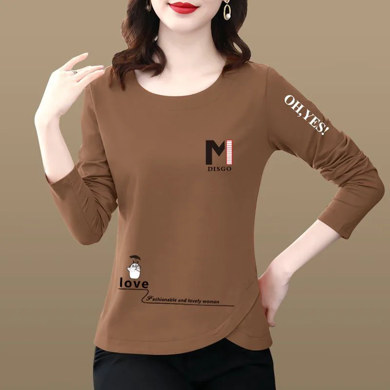 Fashion Printed O-Neck Letter Asymmetrical T-Shirt Women's Clothing 2023 Spring Autumn New Casual Pullovers All-match Tee Shirt