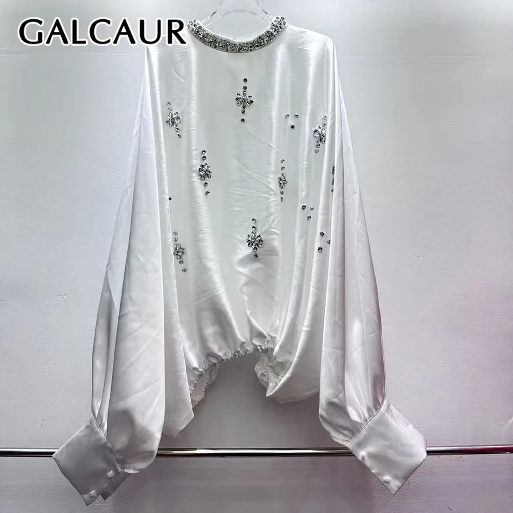 

GALCAUR однотонная шикарная рубашка с бриллиантами, женская свободная французская литературная рубашка с круглым вырезом и длинными рукавами, осенний стиль, мода