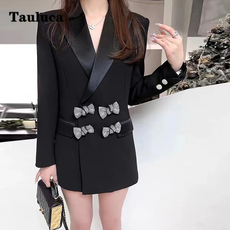 Black Blazer Dress New Fall Autumn Fashion Brand Women Bow Diamond Buckle Design Silhouette Stain Lapel Suit Coat Female Jacket