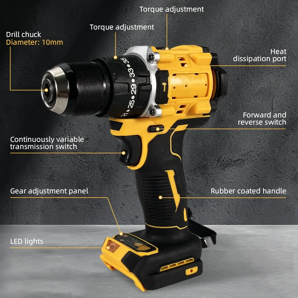 Brushless Cordless Impact Drill 1/2 Rechargeable Variable Speed Electric Screw Driver Power Tools for DeWalt 21V Battery