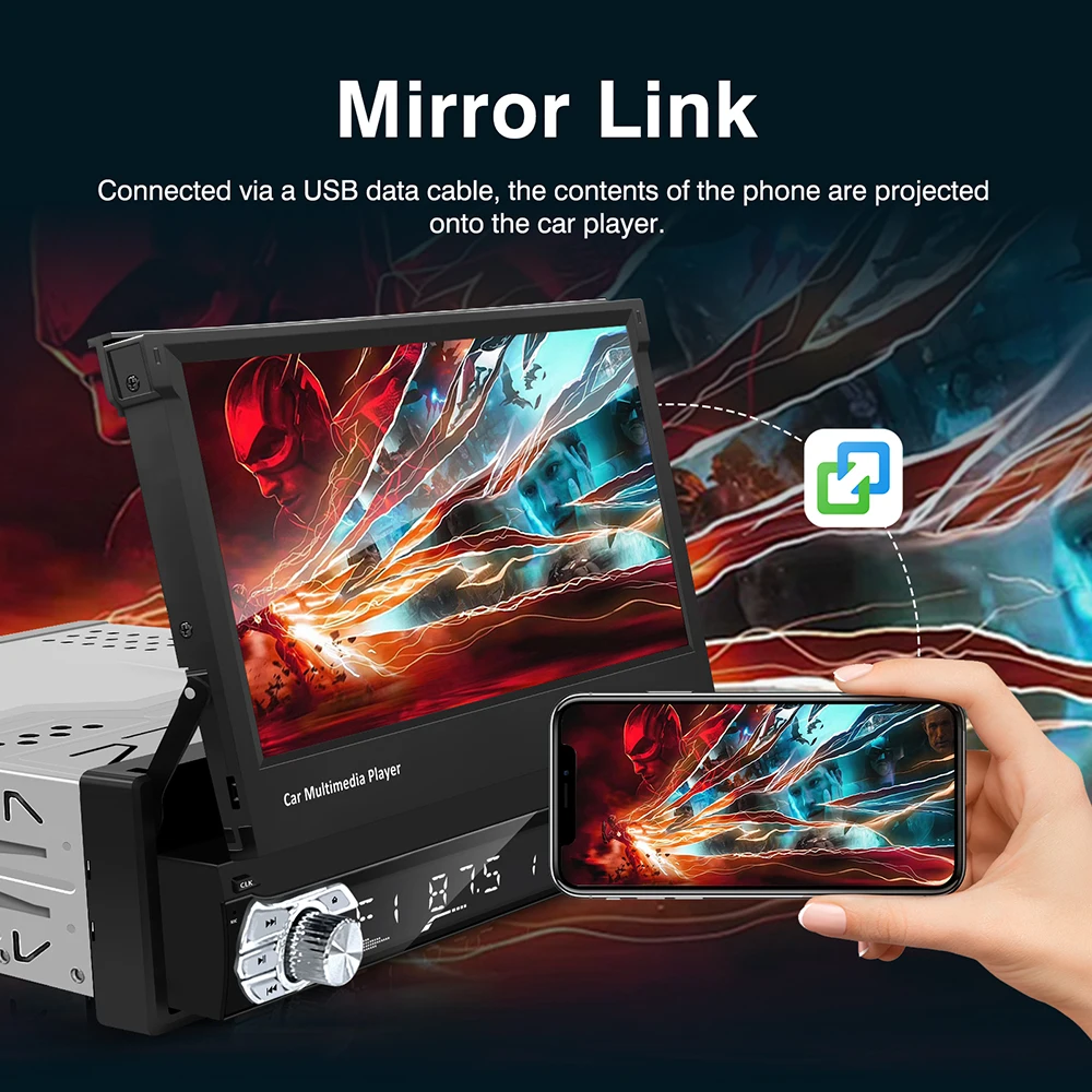 Carplay Android Auto Universal 1 Din MP5 Player 7 Inch Retractable Touch Screen Car Player HD FM AUX Input BT Radio Mirror Link