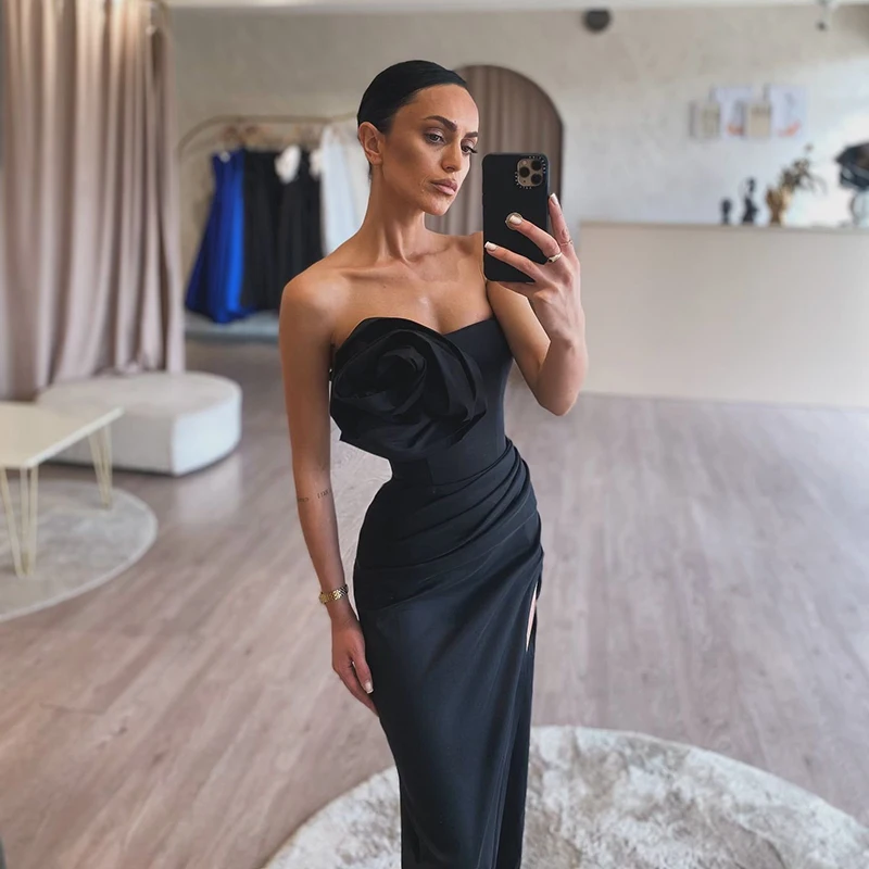 Thinyfull 2025 Black Mermaid Prom Evening Dresses Saudi Arabia Strapless Split Dress Formal Night Cocktail Prom Gowns Plus Size