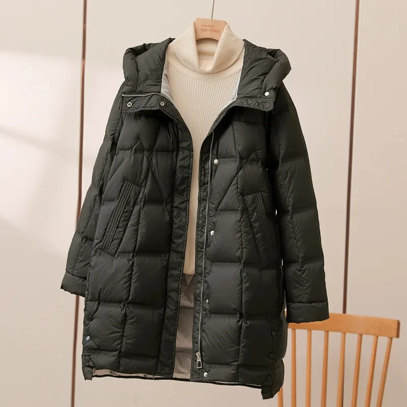 

2025 Autumn Winter Women 90% White Duck Down Jacket With Hood Female Mid-Long Puffer Coat Casual High Quality Outwear