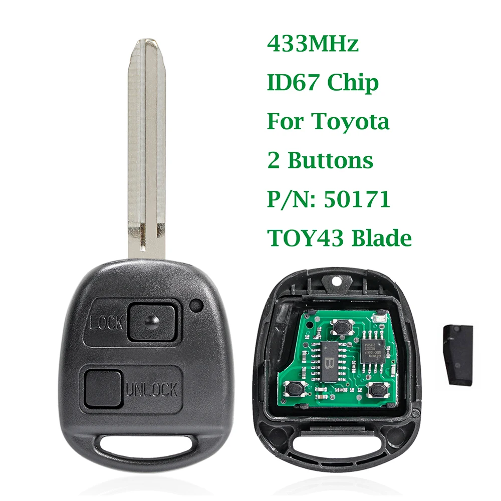 Funda de llave de coche remota para Toyota Camry Land Cruser 120 Prado, 2 botones, 433MHz, TOY43 Blade ID67 Chip p/n 50171, envío gratis