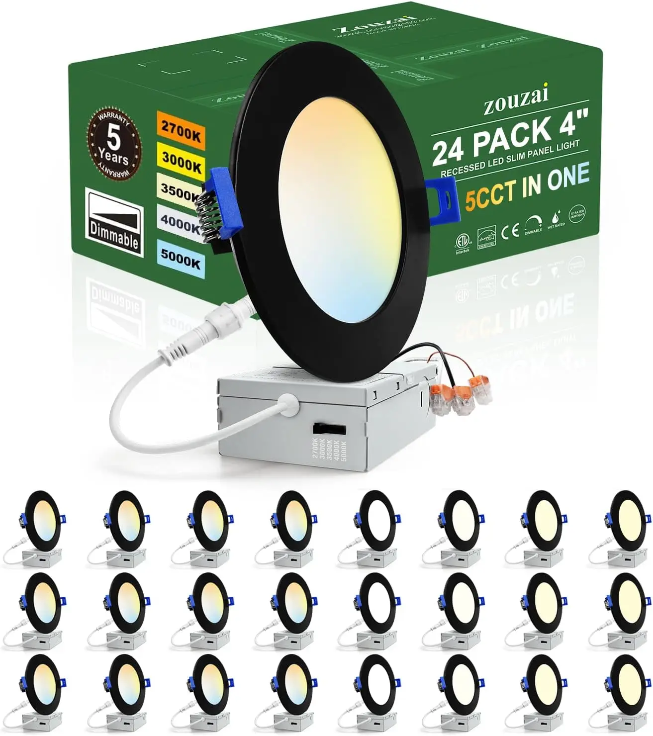 

24 Pack 4 Inch Black 5CCT Selectable Ultra-Thin LED Recessed Ceiling Light with Junction Box,9W Eqv 80W, Dimmable.