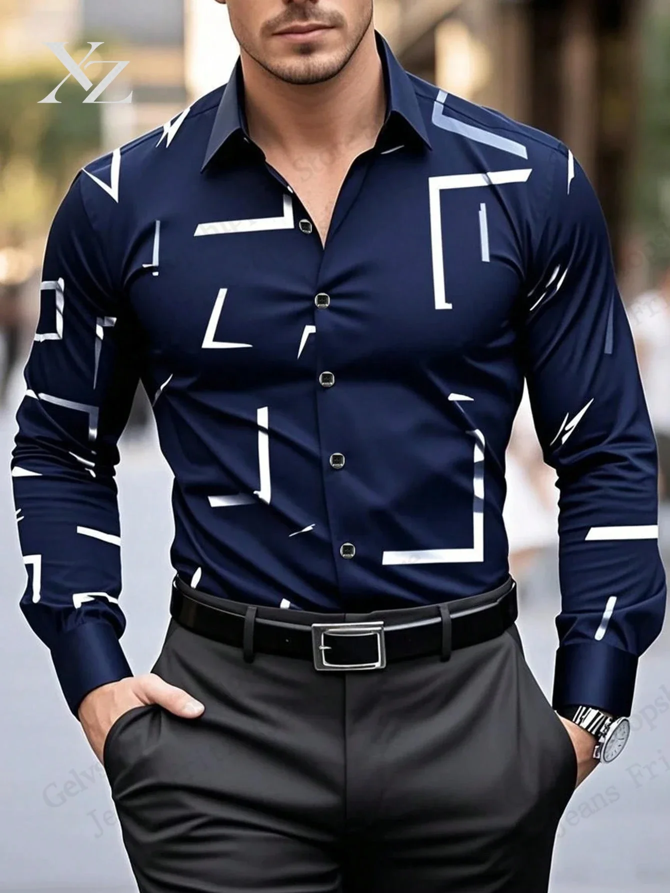 Mens Formal Business Long Sleeve Geometric Single-Breasted Shirt Lines 3d Print Graphic Shirt Men Fashion Hawaiian Office Blouse