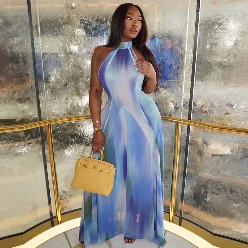 

Women's Blue & Gradient Print Stand Collar Sleeveless High Waist Long Dress, Light Airy