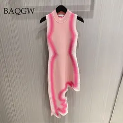Gradient Irregular Length Design Y2k Wave Knitted Dress Summer New Sexy High Waist Slim Pink Sleeveless Package Hip Women Dress