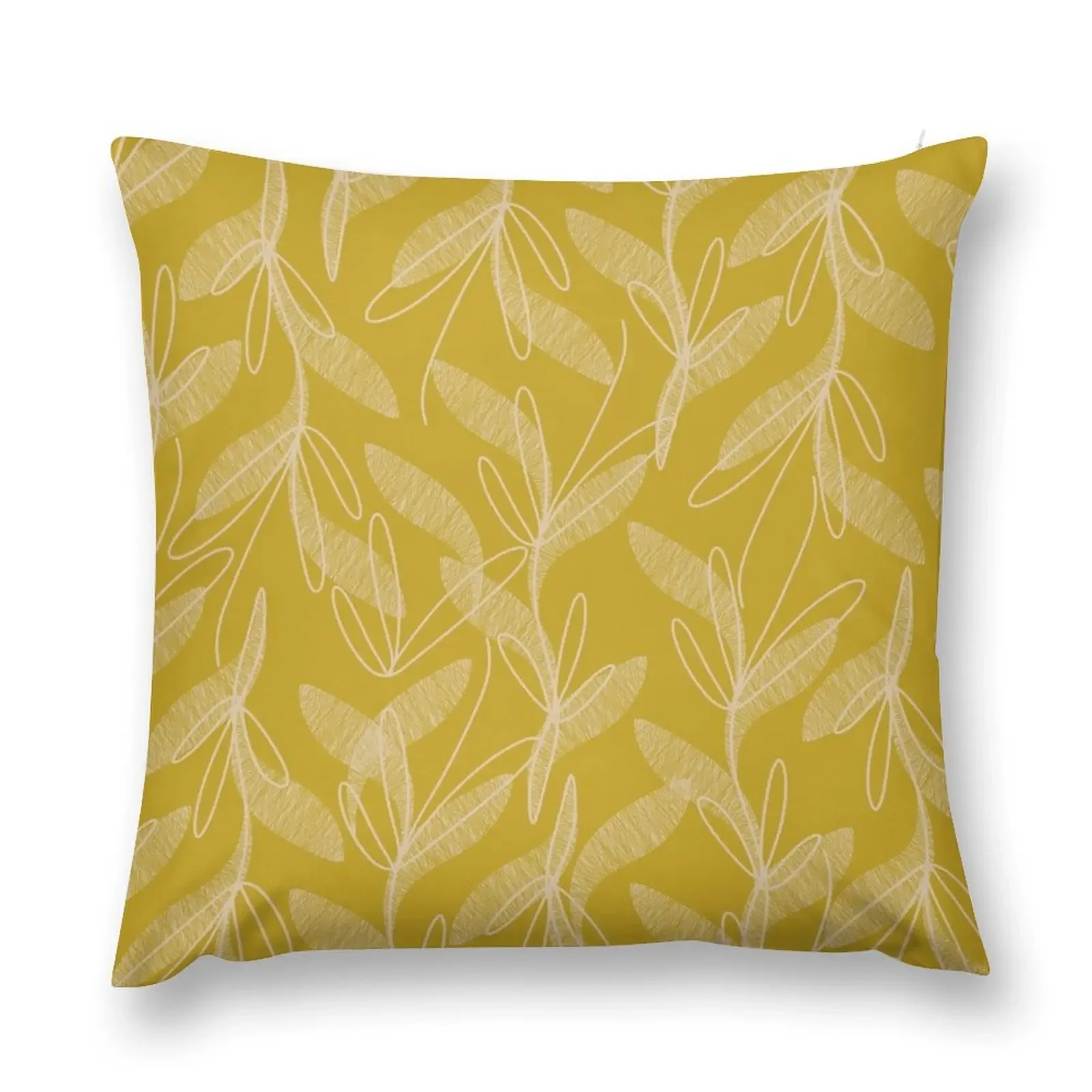 Etched Leaves Mid Century Modern Botanical Pattern in Mid Mod Mustard Throw Pillow ornamental pillows pillow