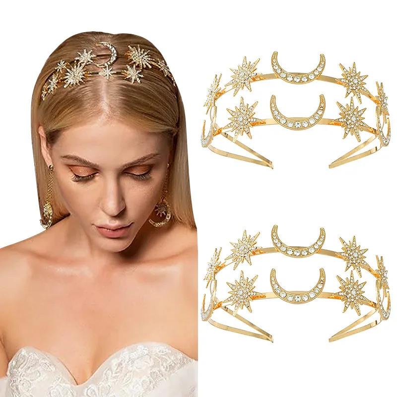 Fashion Sun Goddess Double-Layer Star Moon Headband Bohemian Style Six-Pointed Star Crown Party Hair Accessories