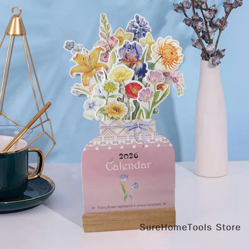 

Environmentally Friendly Paper Flower Desktop Calendar Wooden Stand Calendar Cute Exquisite Decorative Ornament Natural Wood