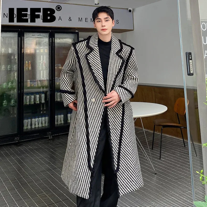 

IEFB Winter Men's Woolen Long Coat Thickened Weave Twill Lapel Wool OverCoat Korean Style Windbreaker Trend Autumn New 9C3302