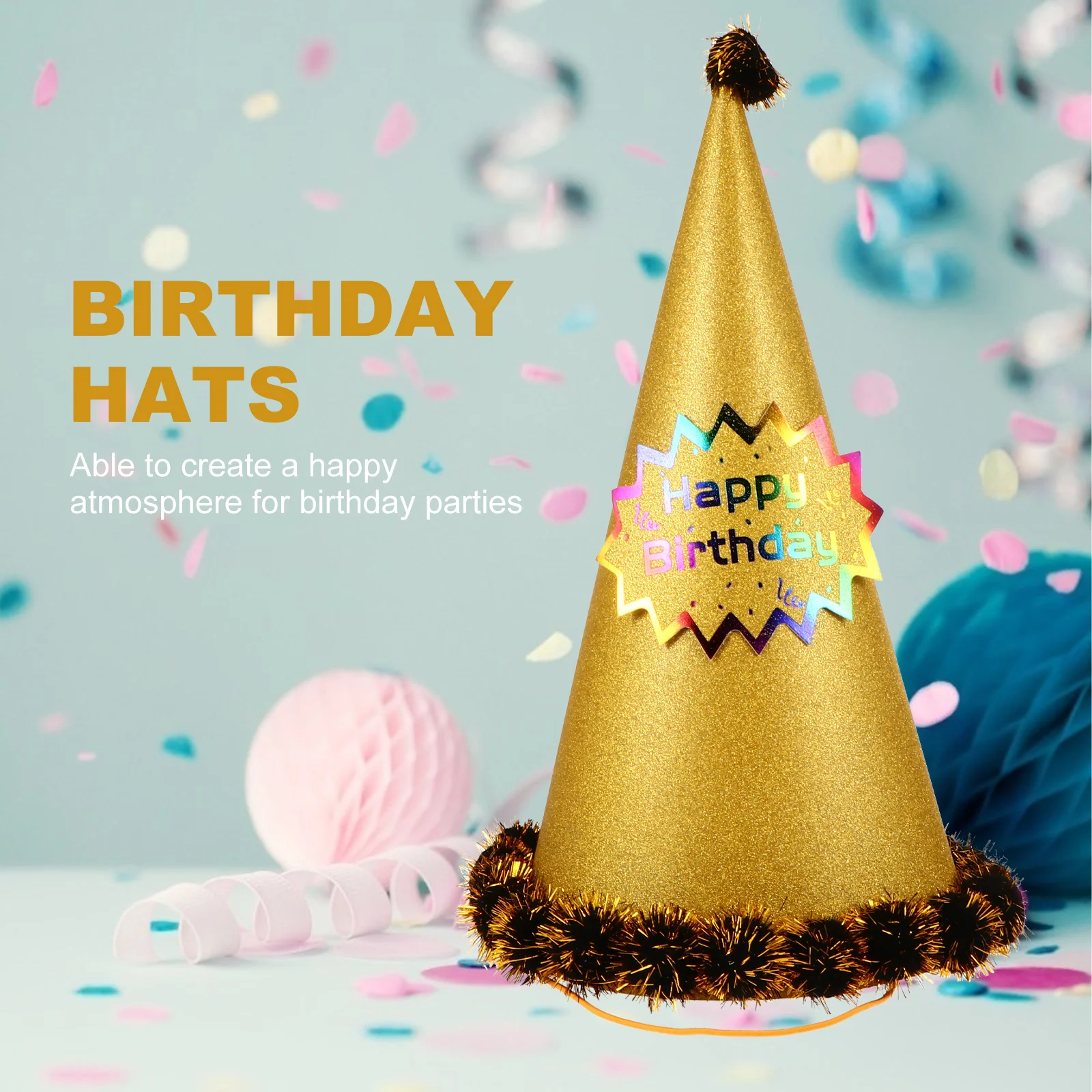 

Birthday Party Decorative Hat Glitter Paper Cone Shaped Golden Birthday Caps Adorable Party Hats for Children and Adults