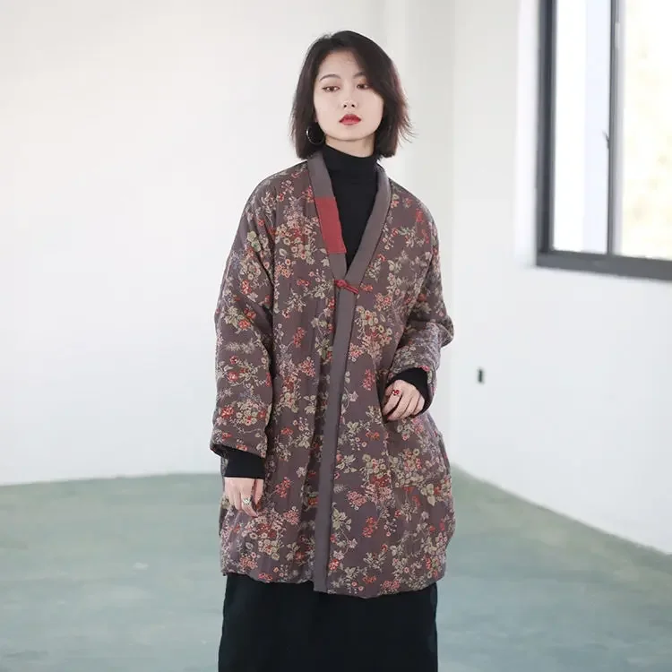 Women Long Coat Chinese Style Full Cotton V-Neck Solid Thick Winter Casual Single Button Vintage Women Long Coat Quilted Coats