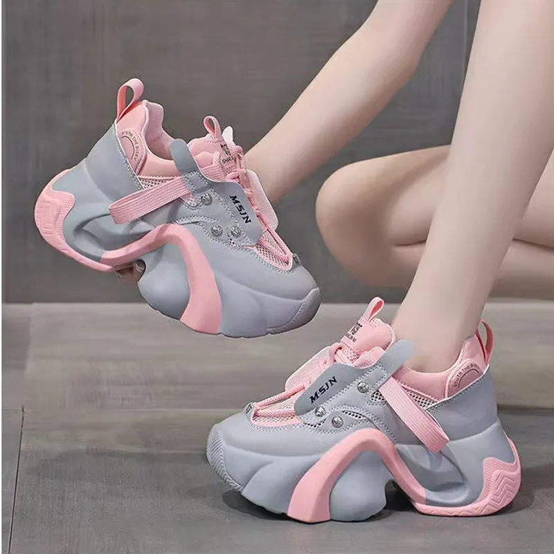 

2023 Autumn Women Chunky Sneakers Breathable Mesh Casual Shoes 7.5CM Heels Fashion Trainers Lace-Up Platform Dad Shoes Woman