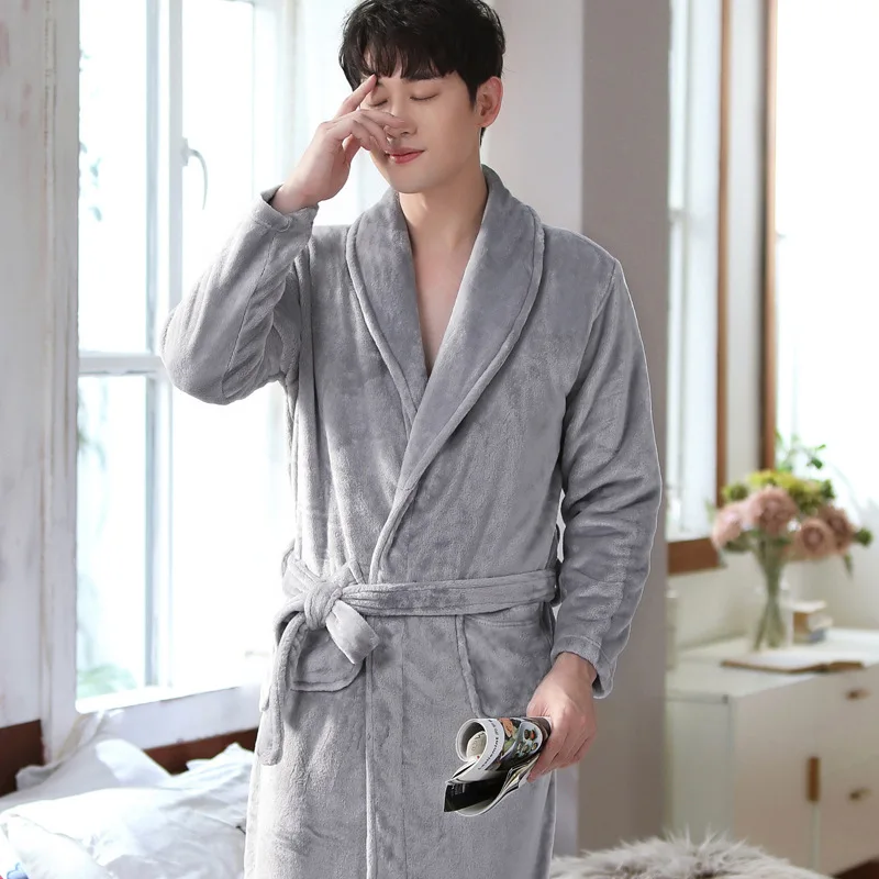 Long Sleeve Plush Bathrobe Kimono Couple Flannel Bathrobe Winter Sleepwear Fleece Nightwear Peignoirs Thick Warm Homewear