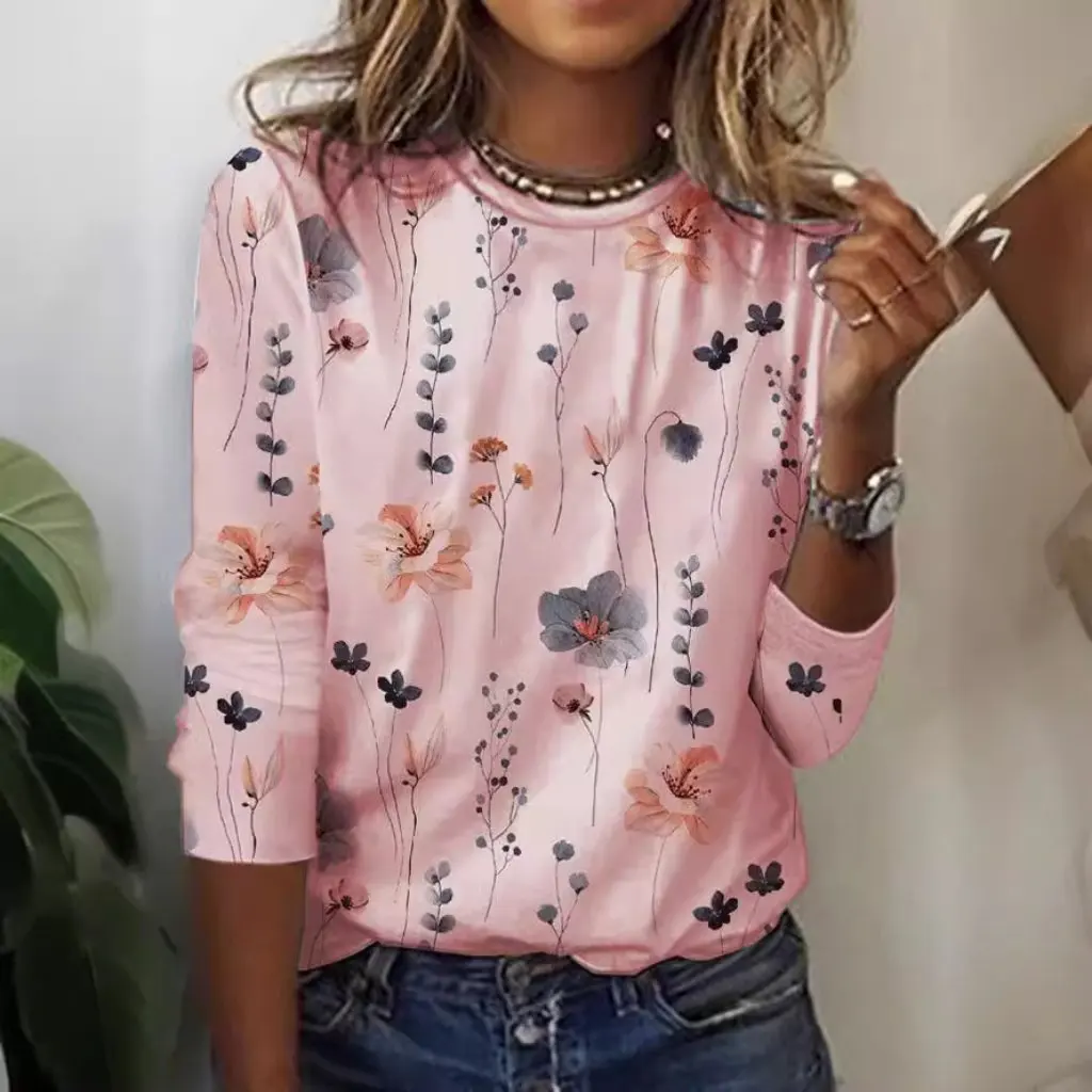 

Women's Flower Printed Long Sleeve T-Shirt round Neck Top Autumn Winter Fashion Trendy European Style Clothing for Ladies