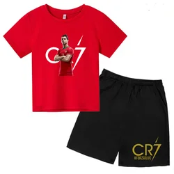 Meninas e meninos imprimir camiseta de manga curta, roupa de treino infantil CR7 infantil, top de treinamento esportivo, shorts de charme feminino, roupas casuais, 3-12Y