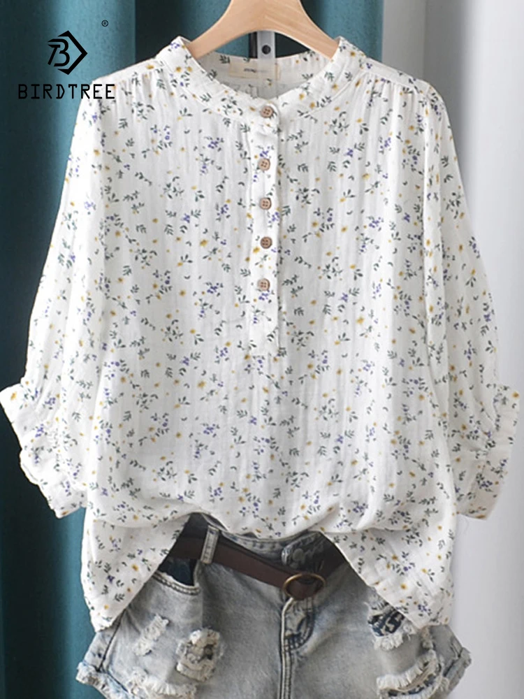 

New 2026 Spring Women Cotton Yarn 3/4 Sleeve Shirt, Turn-down Collar Printed, Mori Girl Soft Comfortable Loose Blouse T61952CC