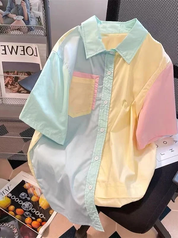 Loose Women's Short Sleeve Shirt Color Block Contrast Summer Fashion Korean Style College Workwear Casual Half Sleeve Top