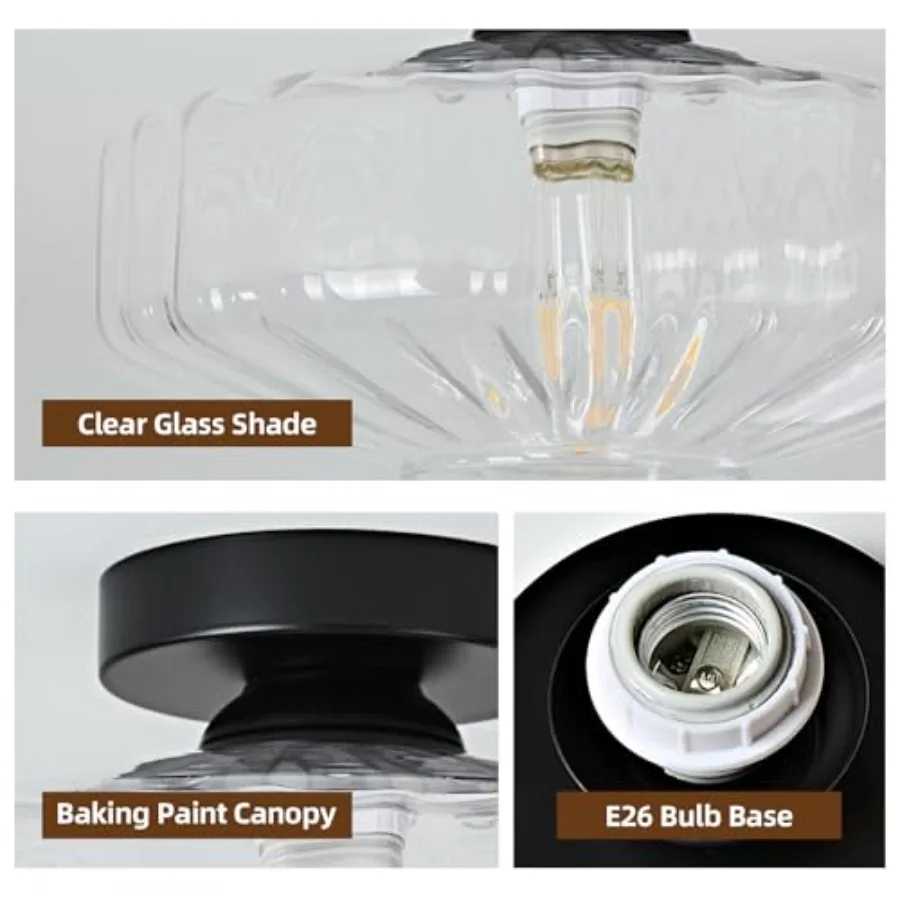 Glass Semi Flush Ceiling Lights - 12 in Vintage Mid Century Modern Lighting Fixture - Black Drum Unique Art Deco Mount Light Fi view 4
